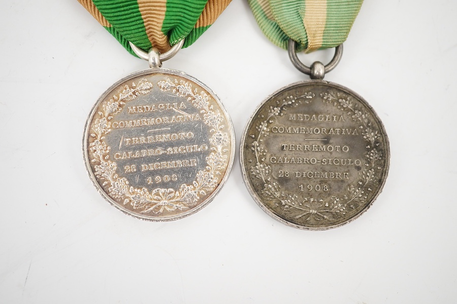 A cased Italy, Kingdom. Messina Earthquake Medal 1908, awarded to J. Stringer? (Worn), A.B. 18254 H.M.S. Bacchante, together with another uncashed example, unnamed, (2). Condition - fair.